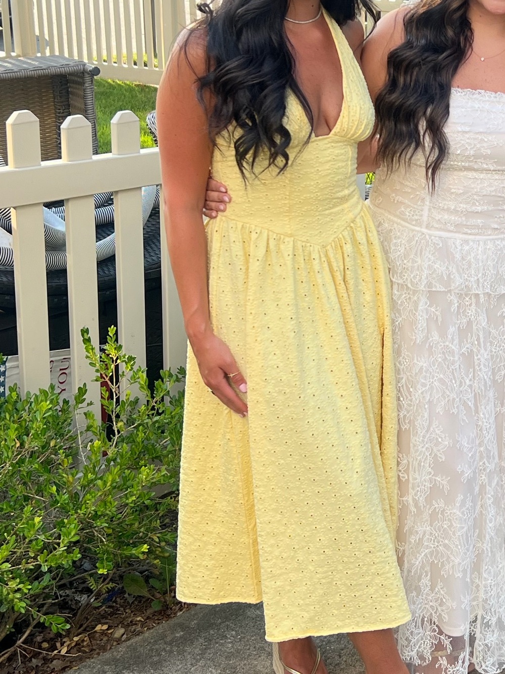 Oh Polly Pale Yellow Eyelet Halter Midi Dress
